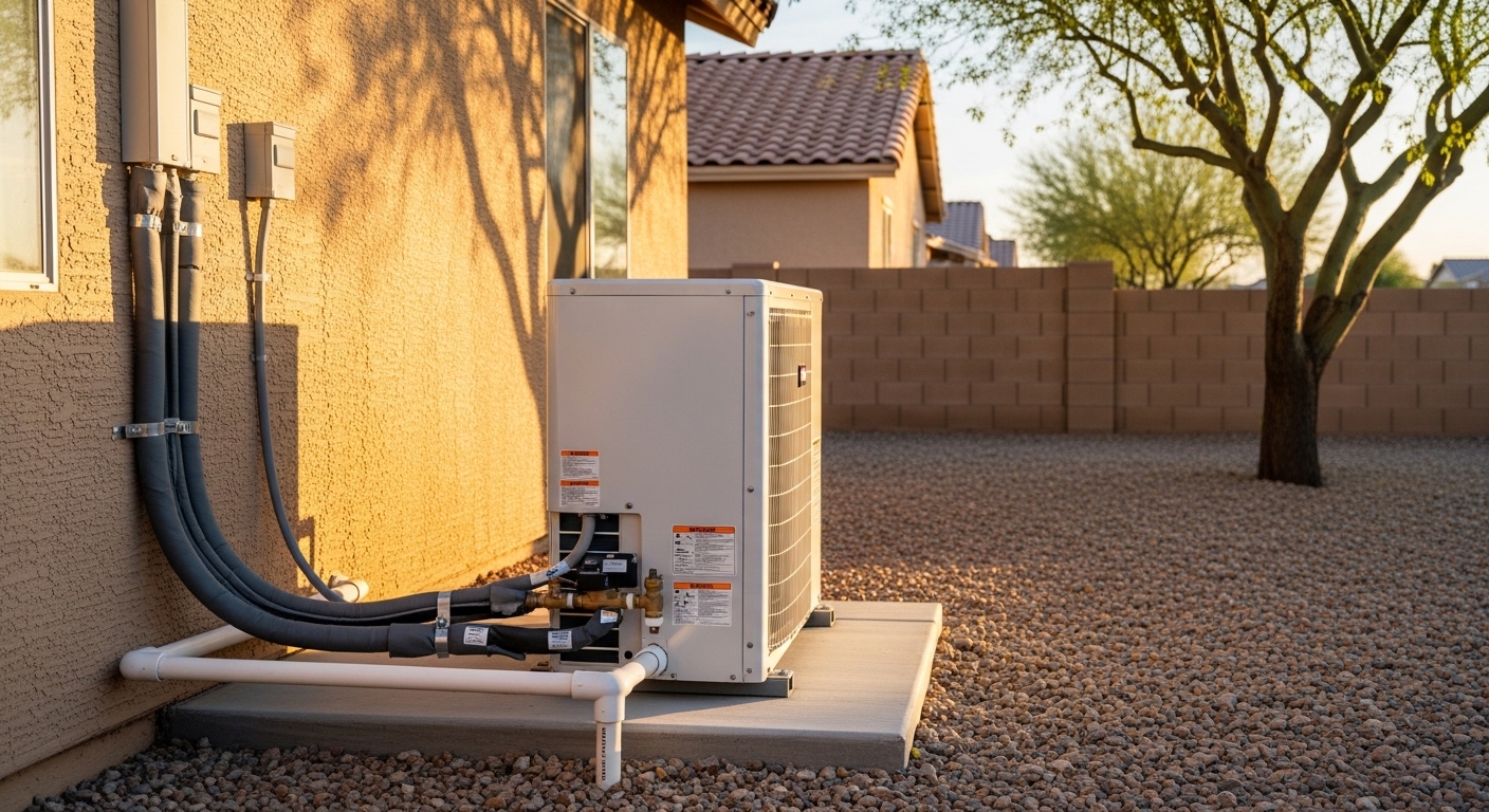 HVAC technician installing a new air conditioning unit on a Phoenix home exterior