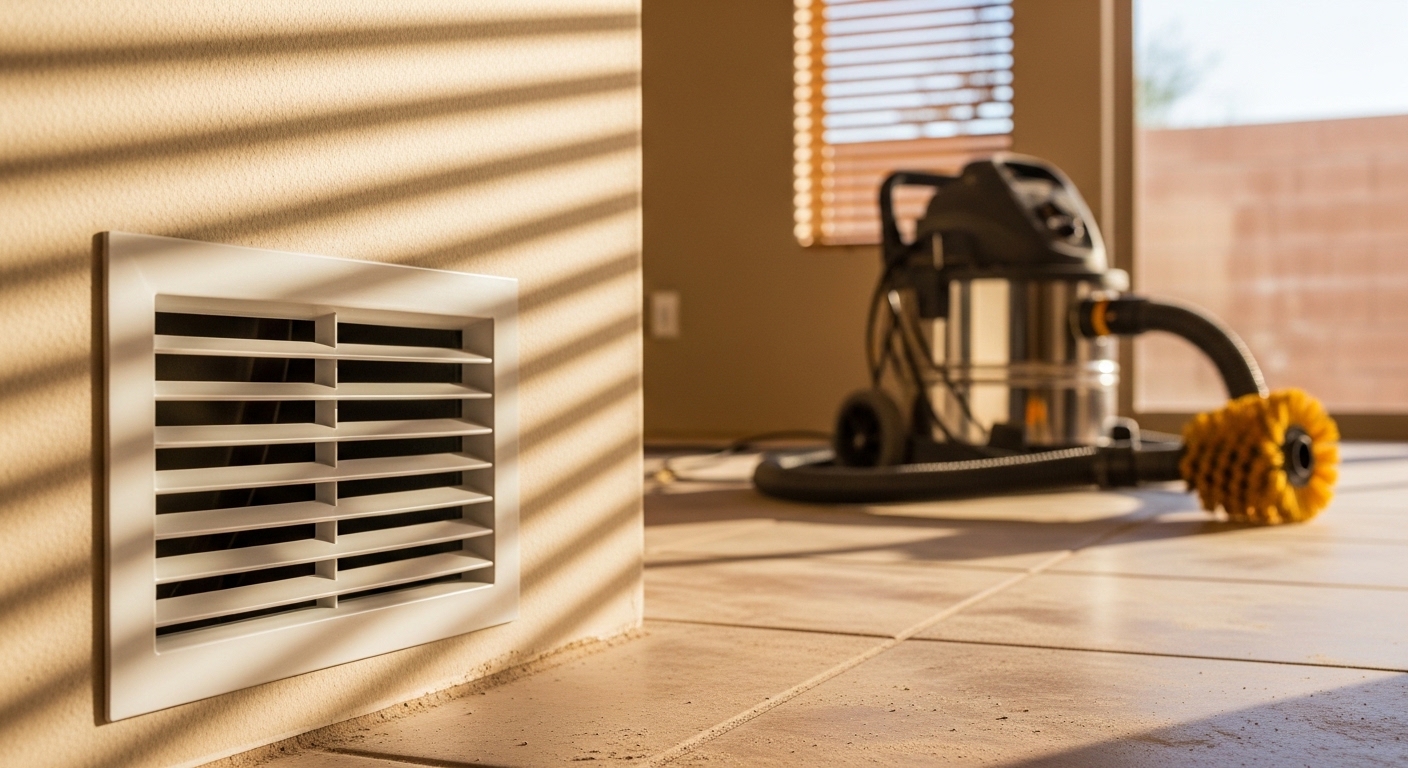 Technician cleaning residential air ducts in a Phoenix home with professional vacuum equipment