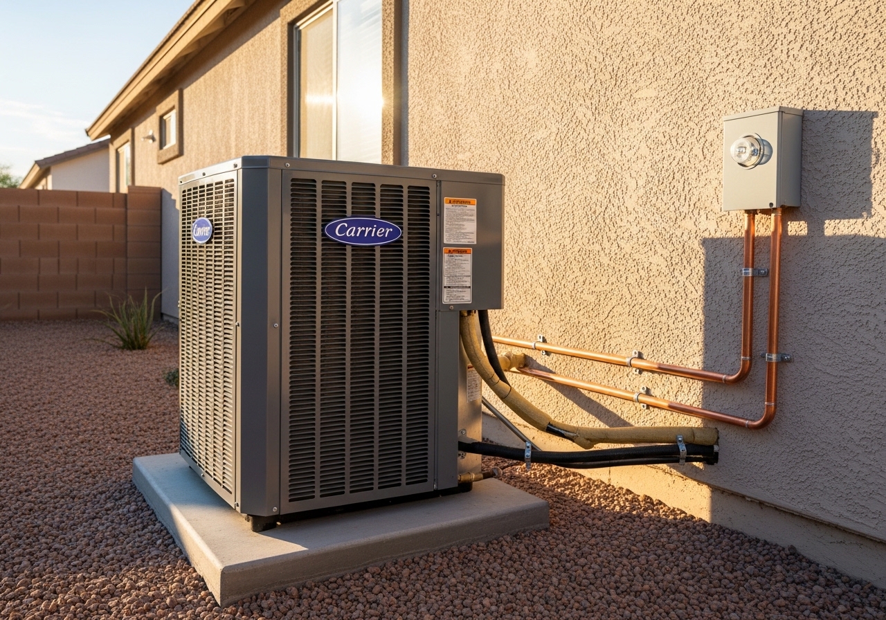 New Carrier two-stage AC condenser unit installed on a concrete pad beside a single-story home in Chandler, AZ