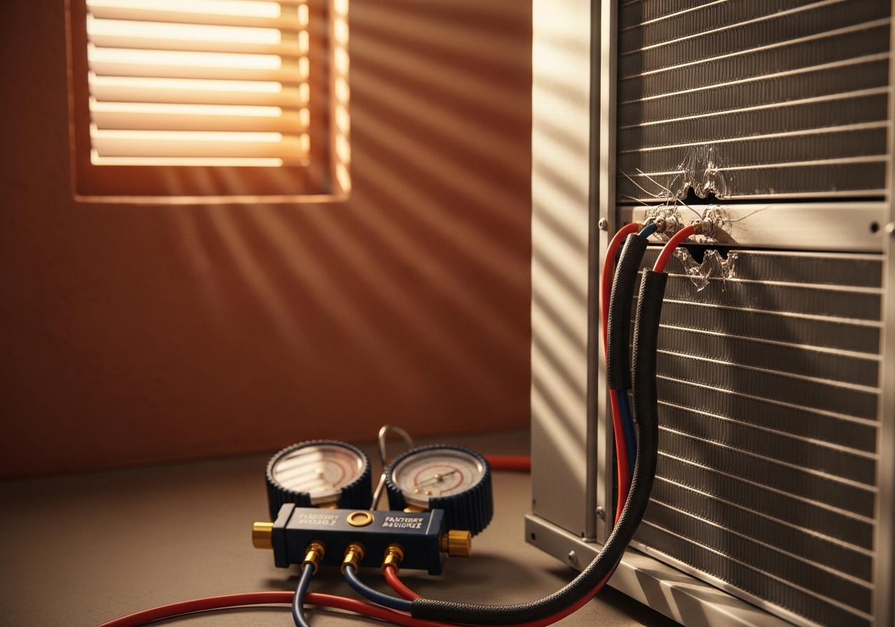 Technician repairing evaporator coil on a rooftop AC unit at a Scottsdale, AZ residential property