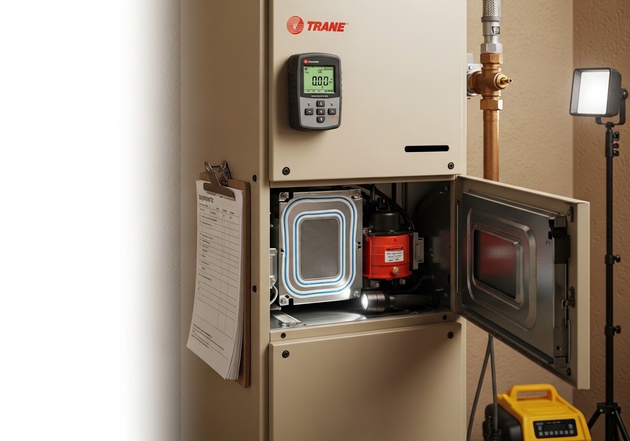 Technician inspecting a Trane gas furnace heat exchanger during a seasonal tune-up in a Mesa, AZ home