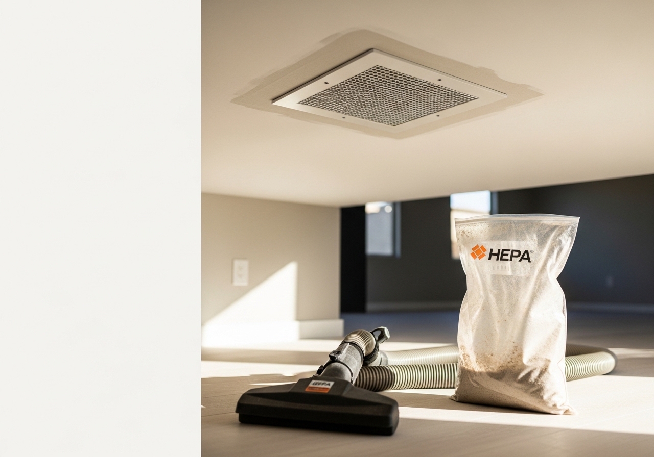 Duct cleaning equipment set up in a recently remodeled Scottsdale, AZ home with visible construction dust in removed register covers