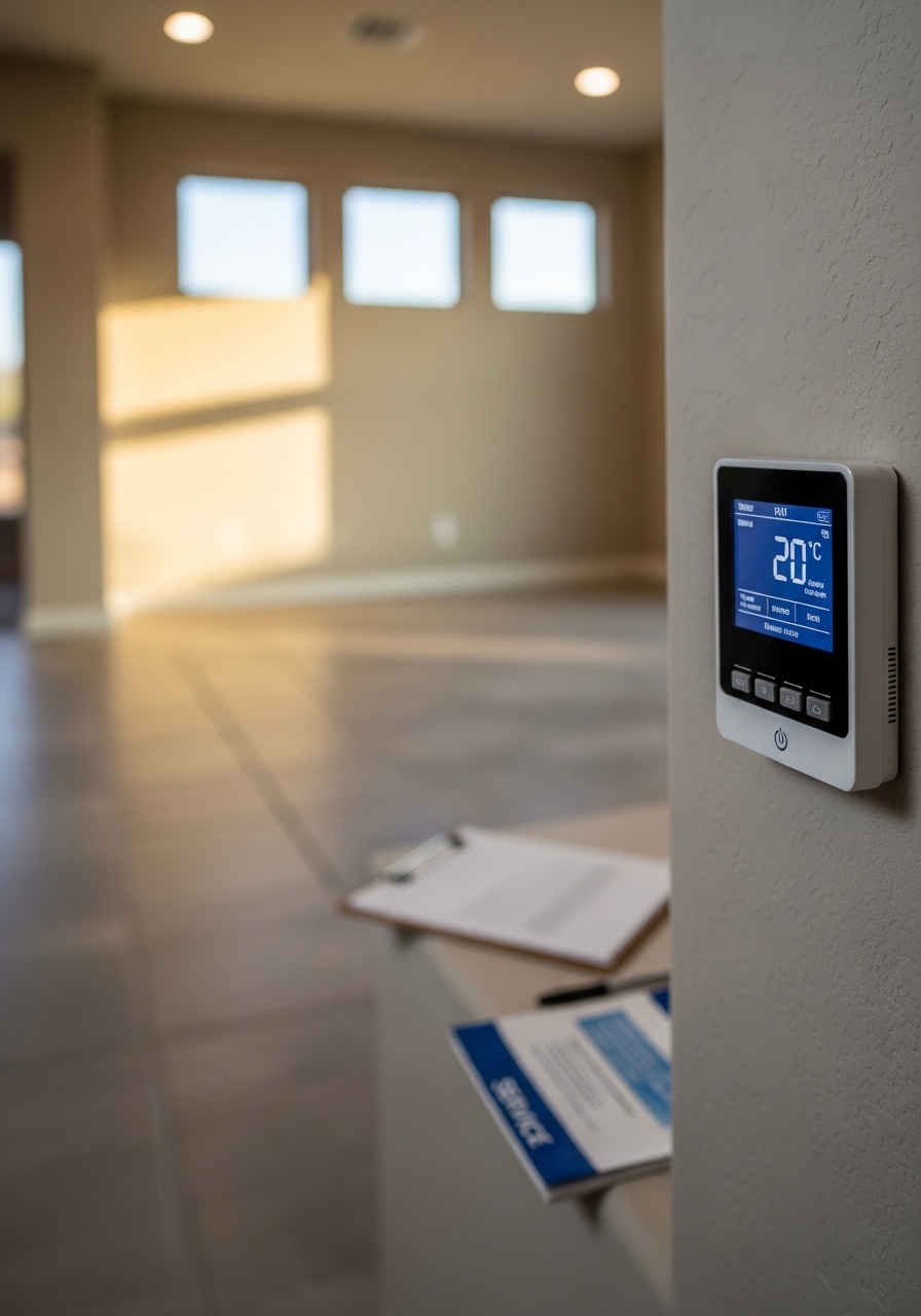 Technician reviewing a digital thermostat display inside a Chandler home with an open floor plan and tile flooring.