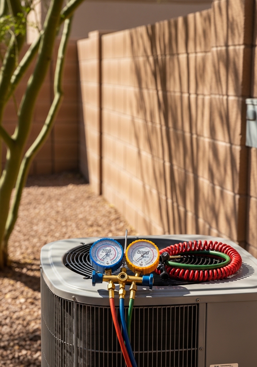 Technician using a digital manifold gauge set on an outdoor AC unit in a Mesa backyard with desert landscaping and a block wall.