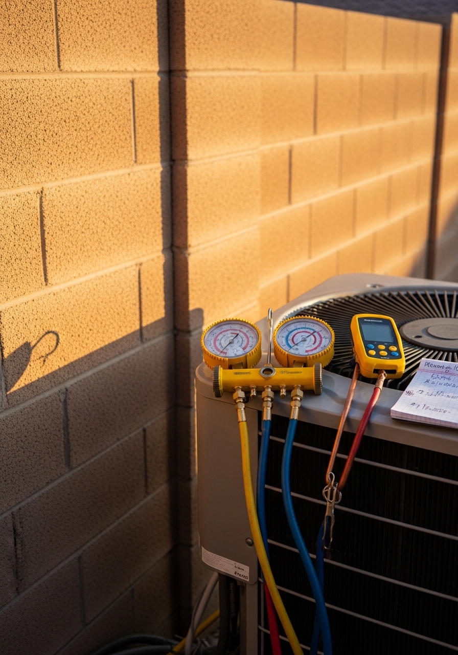 Close-up of a technician checking refrigerant levels on an outdoor AC unit beside a block wall fence in a Phoenix backyard.