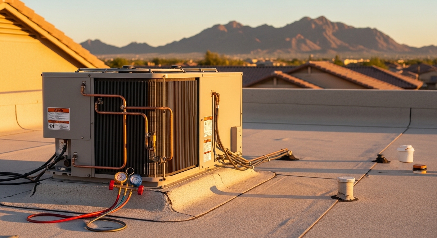 HVAC technician inspecting a rooftop condenser unit on a single-story stucco home in a Phoenix residential neighborhood, with desert mountain views in the background.