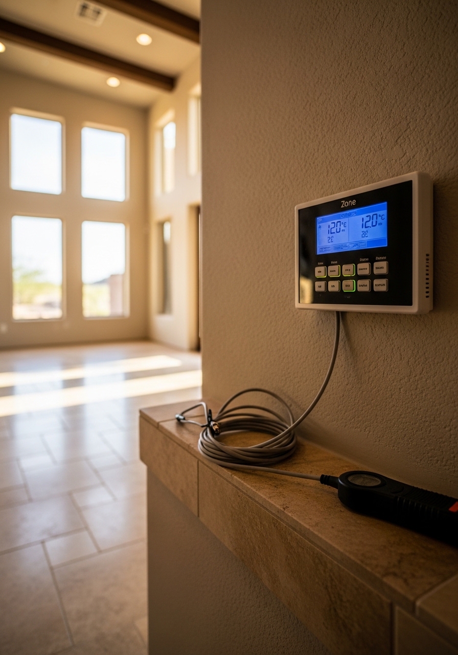 Technician reviewing a multi-zone thermostat panel inside a Scottsdale home with tile floors and high ceilings.