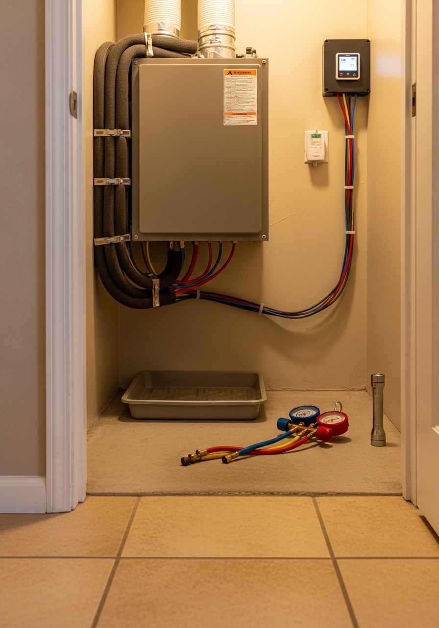Technician checking an air handler in a utility closet inside a Tempe townhome with tile entryway flooring.
