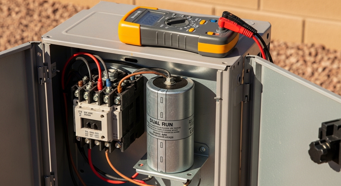 A licensed HVAC technician testing an AC capacitor with a precision meter on a residential outdoor condenser unit in Phoenix, AZ. The sun-exposed unit shows typical desert wear, with the technician preparing to install a replacement capacitor.