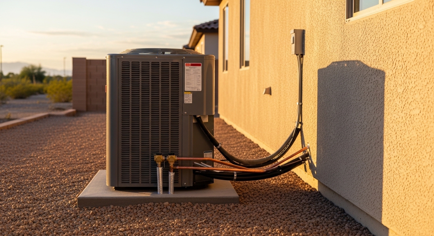 A newly installed residential AC condenser unit positioned on the north side of a Phoenix, AZ home with clear side clearance and connected refrigerant lines. A technician in a work uniform checks the unit connections during a post-installation system test.