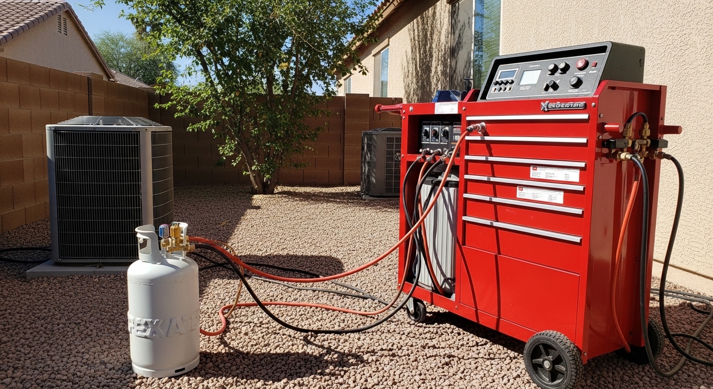 A certified HVAC technician from Advantage H&A checking refrigerant pressure gauges on a residential AC unit in Phoenix, AZ. The outdoor condenser unit sits on a concrete pad beside a single-family home under a clear desert sky.