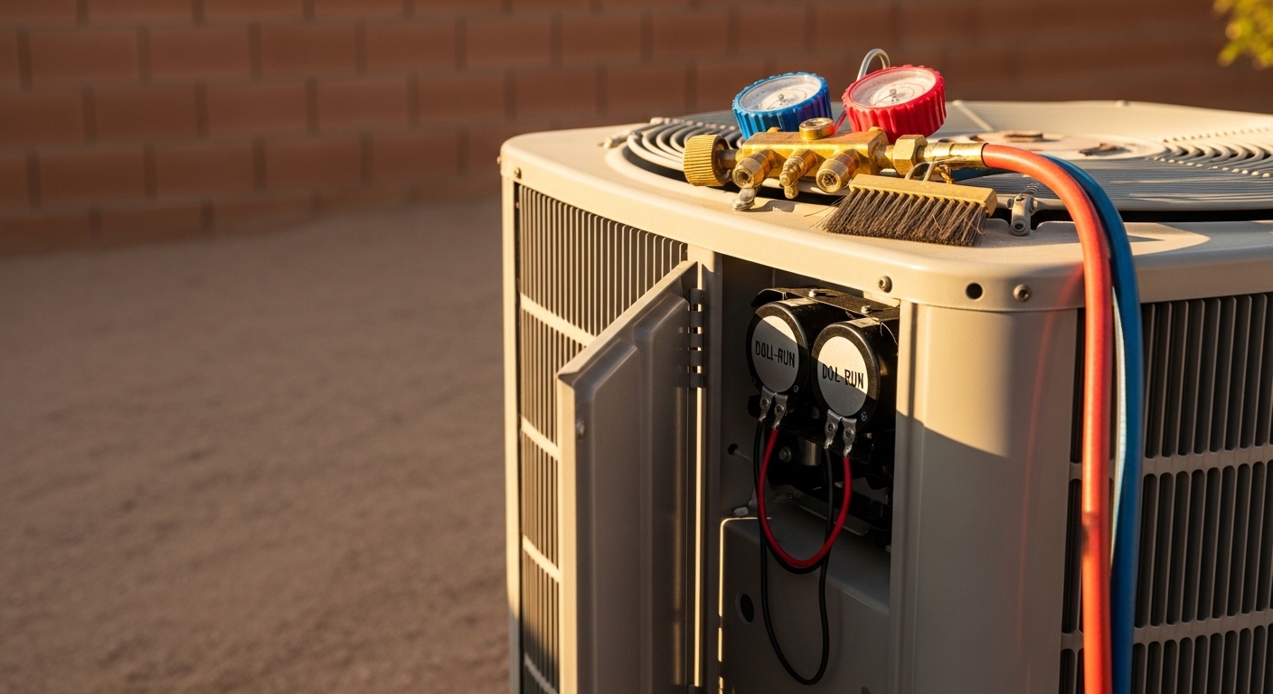 An Advantage H&A technician inspecting a residential AC unit at a Phoenix, AZ home on a hot sunny day. The outdoor condenser unit sits on a concrete pad beside a stucco exterior wall typical of Phoenix-area homes.