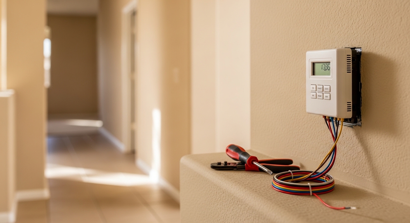 A newly installed AC thermostat mounted on an interior wall of a single-family home in Phoenix, AZ, with the display showing an active cooling setting. A technician from Advantage H&A checks the calibration after completing the replacement.