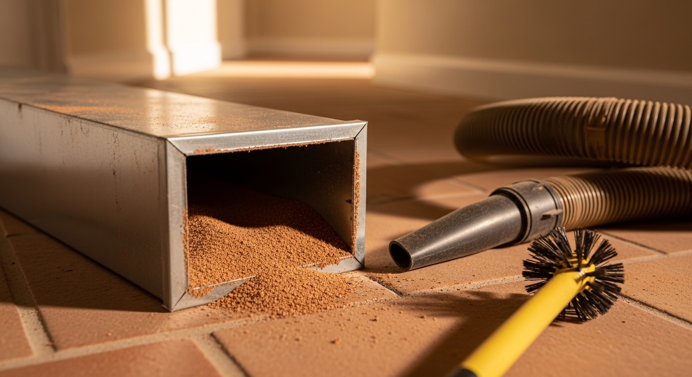 A Phoenix HVAC technician from Advantage H&A using professional vacuum equipment to clean a residential supply duct in a single-family home. Desert dust and debris visible inside the ductwork prior to cleaning.