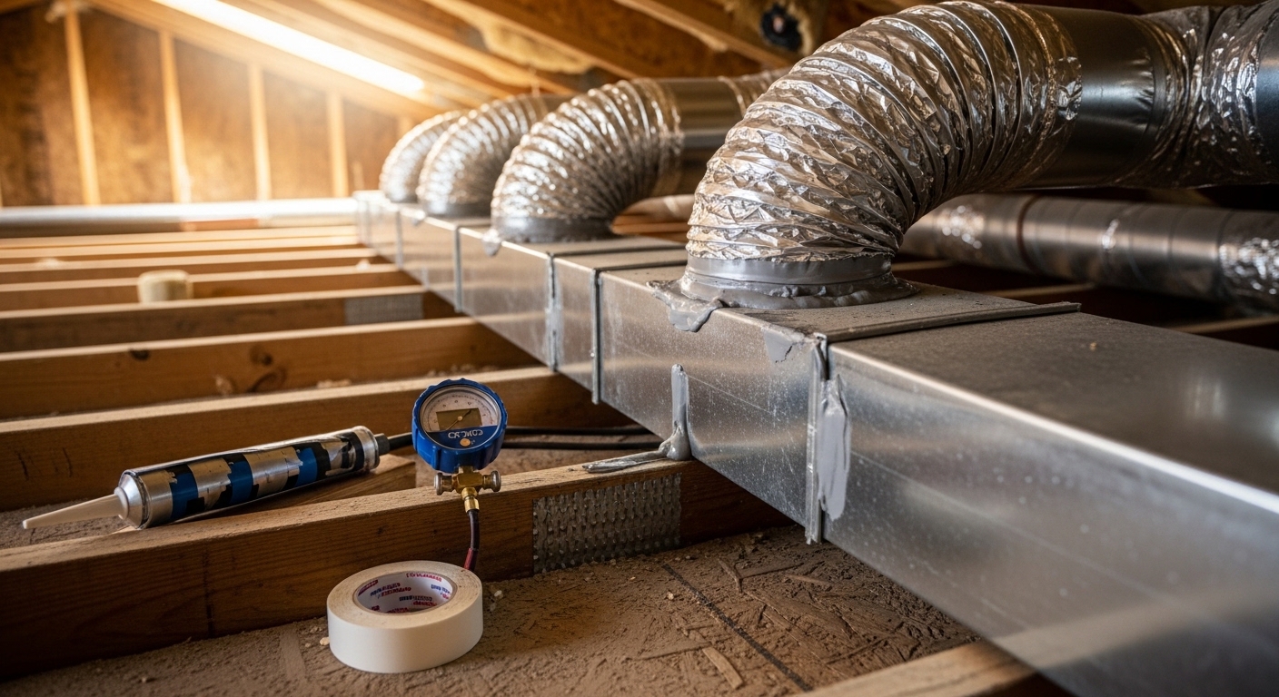 A technician inspecting flexible ductwork connections in a Phoenix home attic, checking joints and seals for air leaks. Close-up view shows mastic sealant applied to a duct collar in a residential attic space.