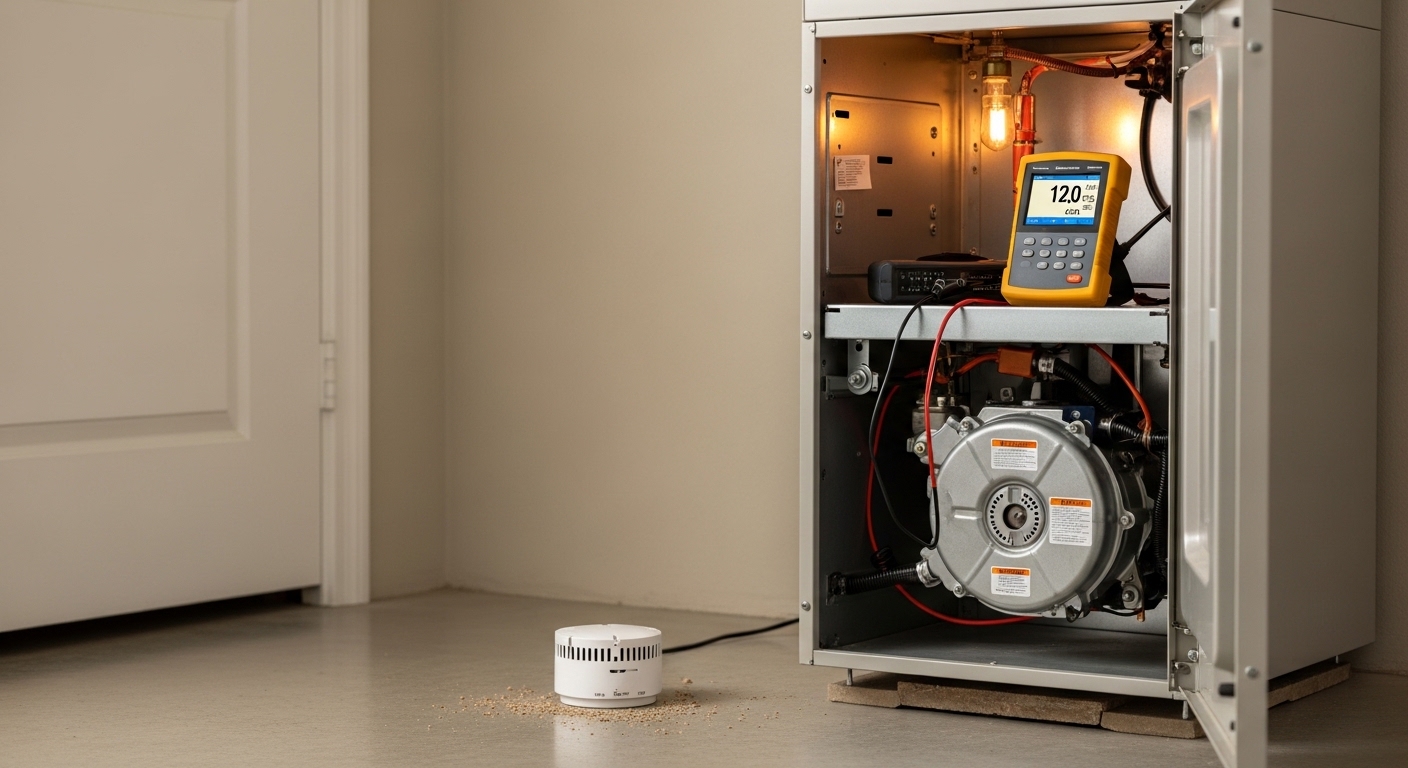 A heating contractor inspecting the interior components of a residential gas furnace in a Phoenix, AZ home, with the furnace panel open and a flashlight illuminating the heat exchanger and burner assembly. The technician holds a clipboard to document findings during the annual furnace inspection.
