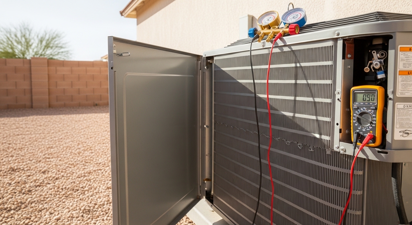 An Advantage H&A technician inspecting the outdoor unit of a residential heat pump at a Phoenix, AZ home. The technician checks electrical connections and coil condition on a clear desert day.
