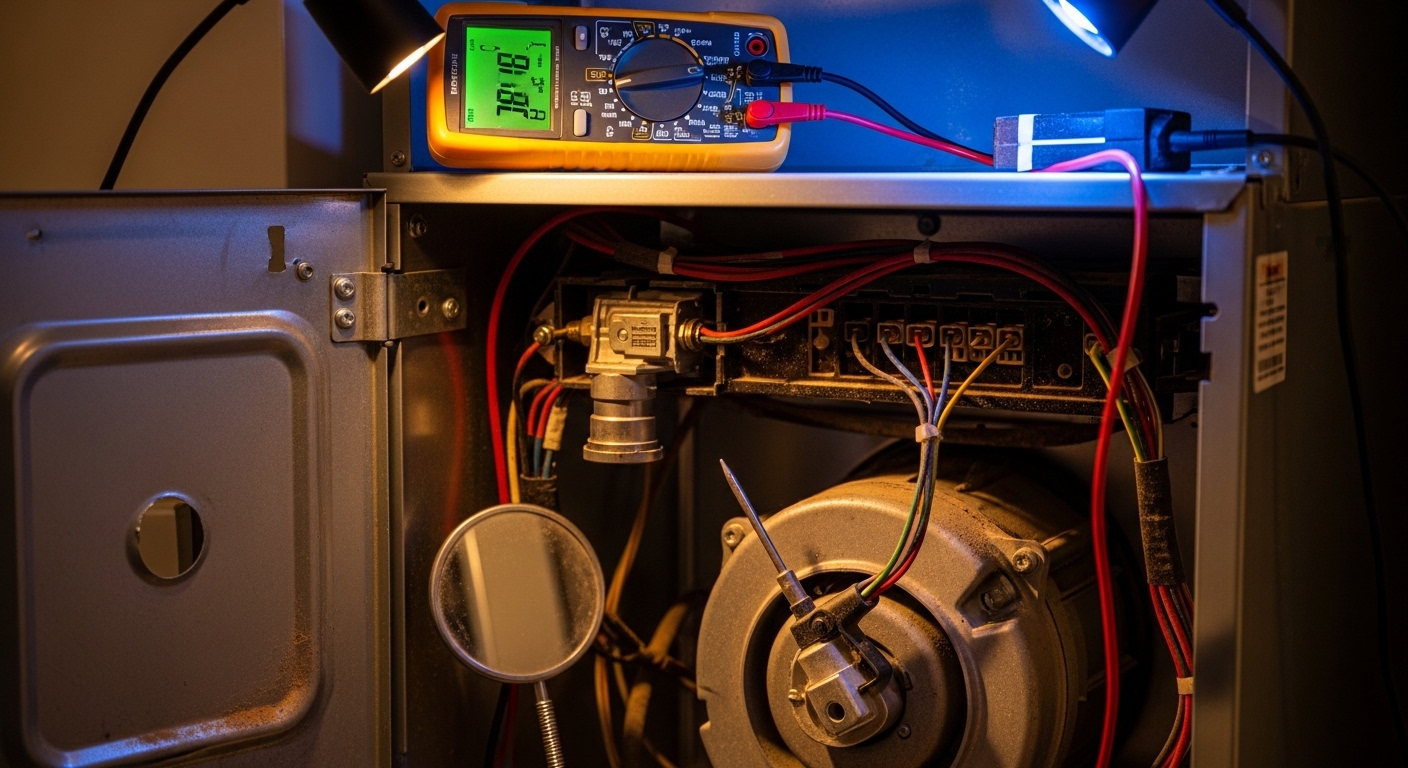 An Advantage H&A technician inspecting the ignition controls and flame sensor of a residential heating system inside a Phoenix, AZ home. The technician uses a diagnostic tool to test electrical connections at the furnace control board.