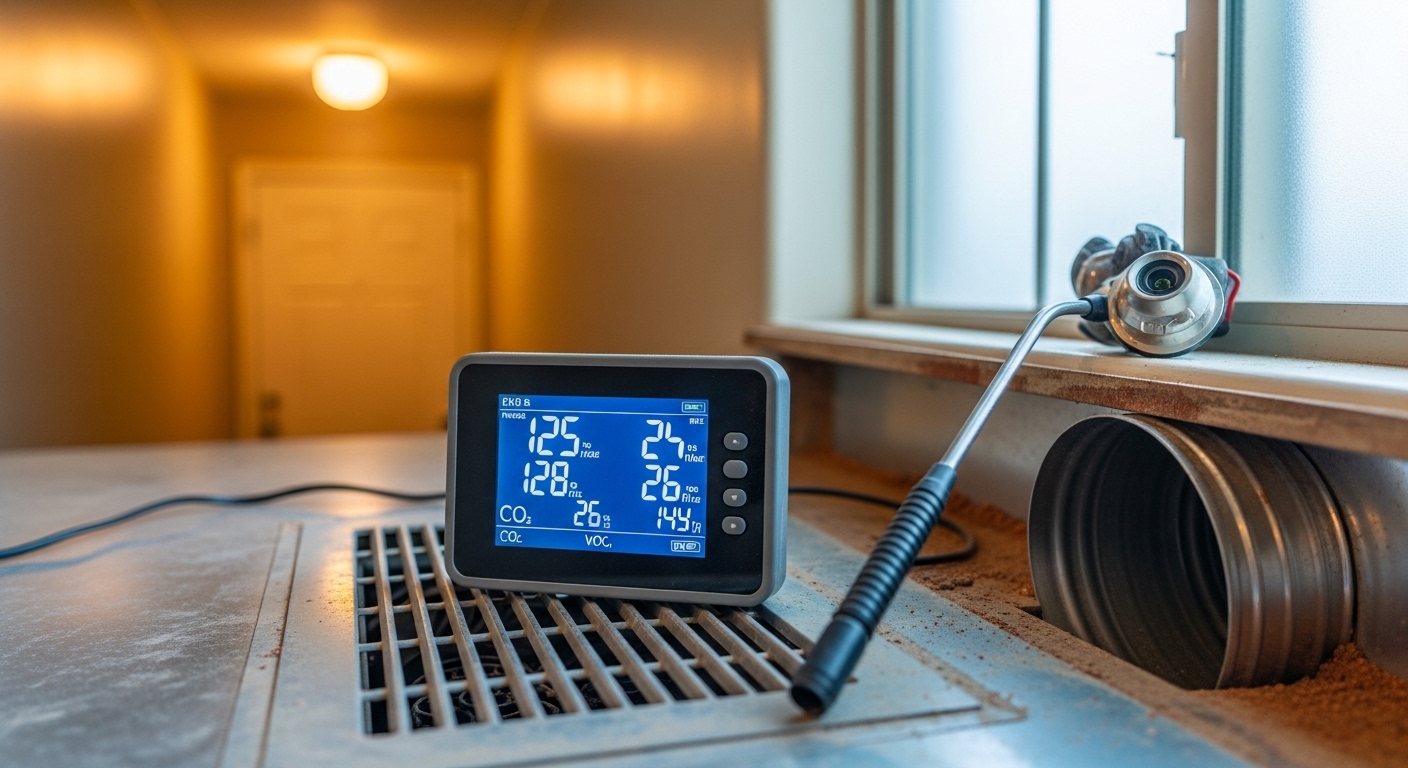 An Advantage H&A technician using a handheld air quality monitor inside a Phoenix, AZ home to measure particulate levels near a ceiling vent. The image shows a residential living room with visible duct registers and desert light through the windows.